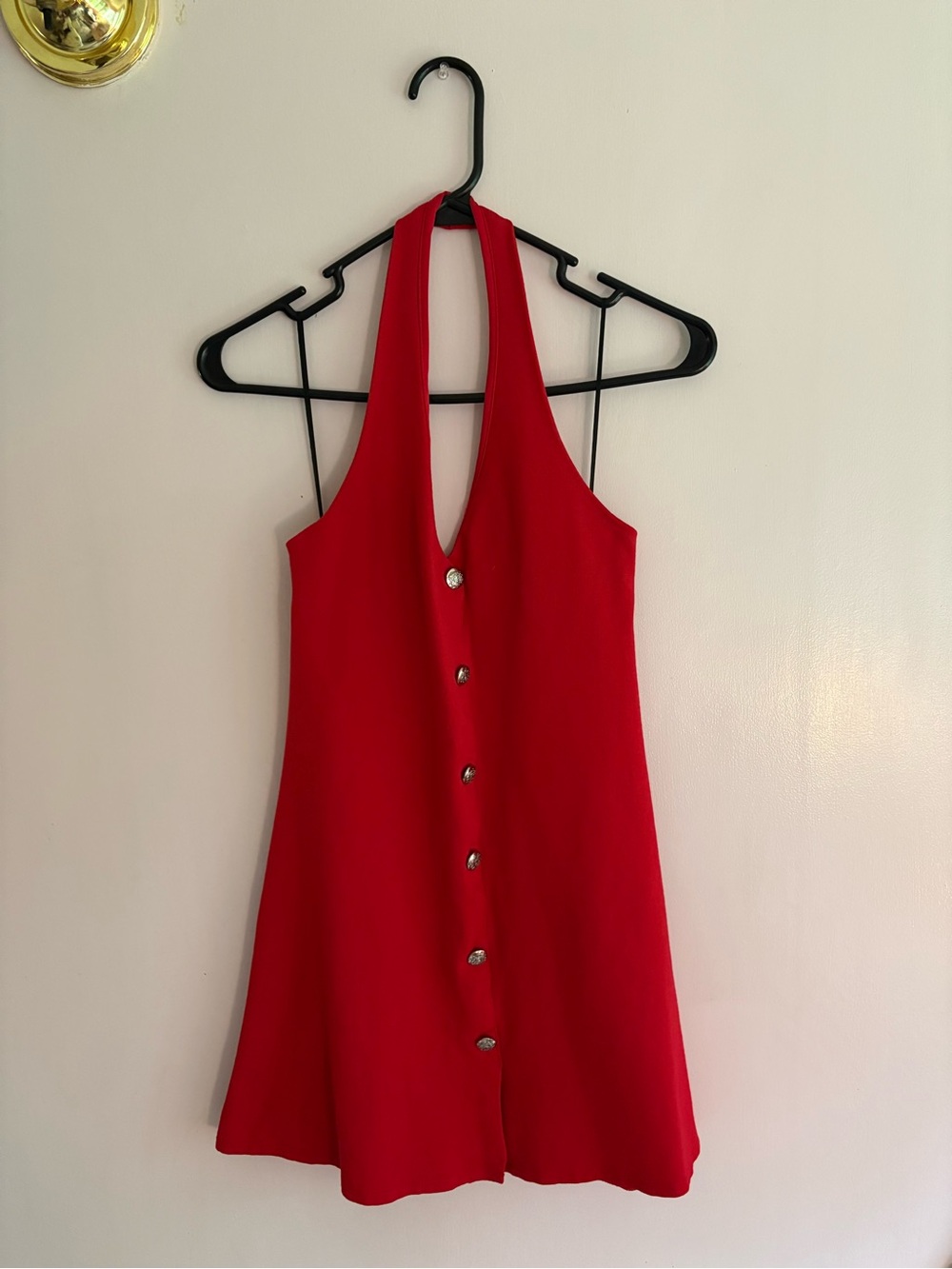AllSaints Red Halter Mini Dress with Front Buttons
